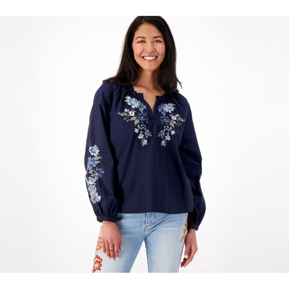 Driftwood Women's Top Sz XL Jeans Embroidered Peasant Top- Bluebell Blue A596746